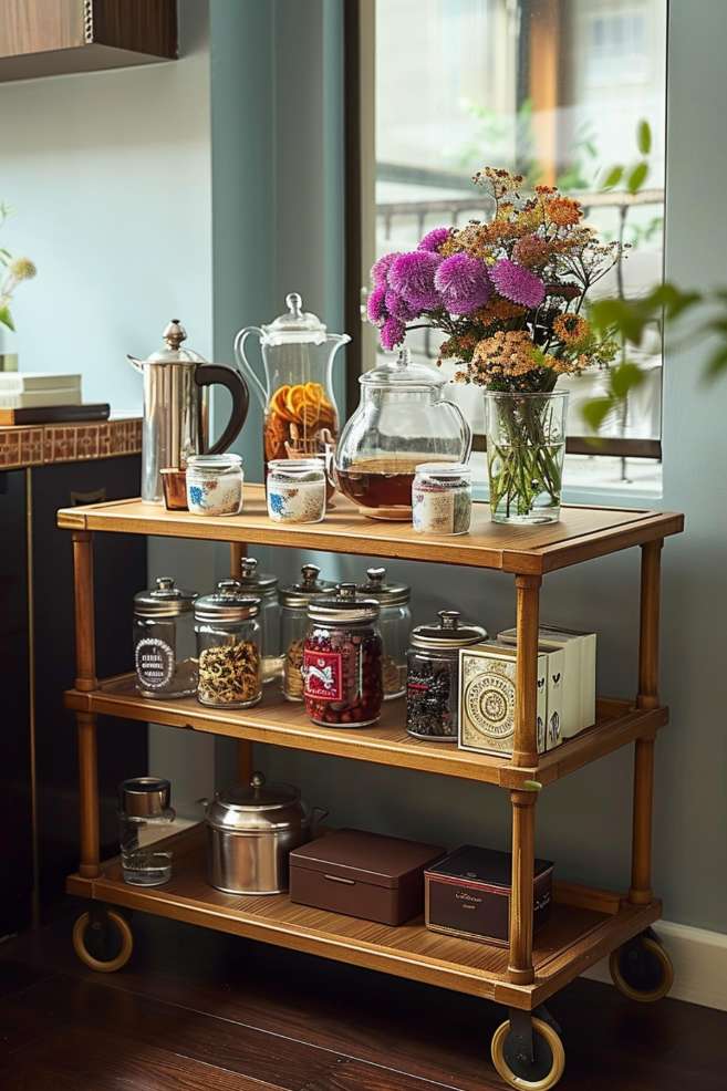 A three-shelf wooden cart displays jars of tea, snacks, a teapot, a coffee pot, a water pitcher and a glass container of iced tea. There is a vase of flowers on the top shelf.