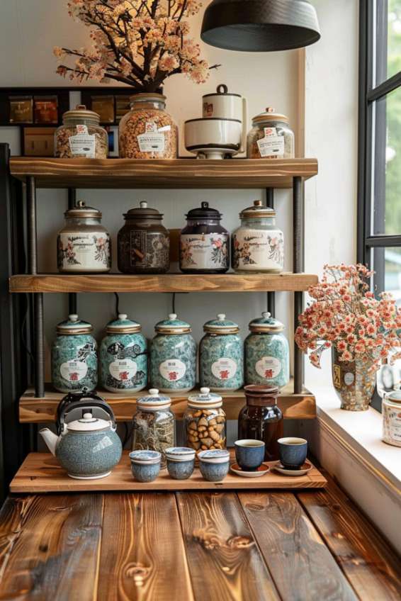 Various decorated glasses and containers as well as a teapot with cups stand on a wooden shelf. A window and potted flowers can be seen on the right, and cherry blossoms decorate the top shelf.