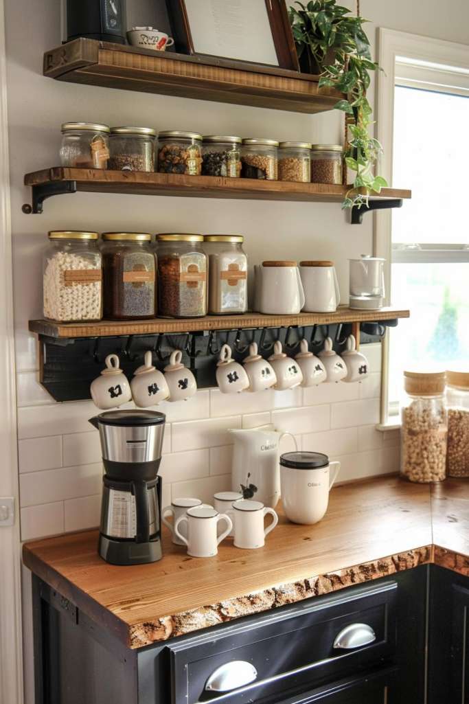 A kitchen counter with a coffee maker, two white cups and a kettle. Above it are three shelves with jars of various ingredients, hanging cups and a potted plant on the top shelf.