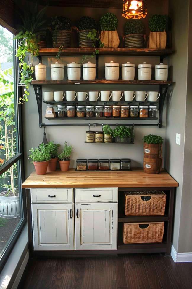 A kitchen corner with wooden shelves containing potted plants, jars, cups and spices above a counter with more plants, baskets and drawers. The room has a large window and dark wooden floors.