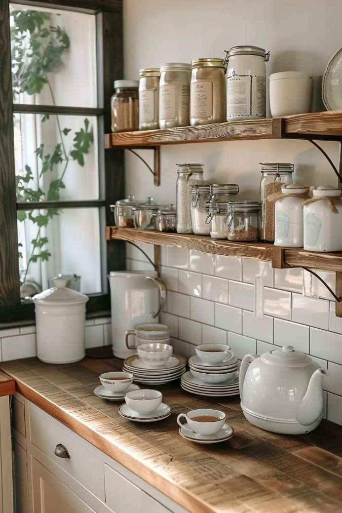 A well-lit kitchen with jars of dry goods on wooden shelves above a counter. White cups, saucers, teapots and a large container are neatly arranged on the wooden countertop.