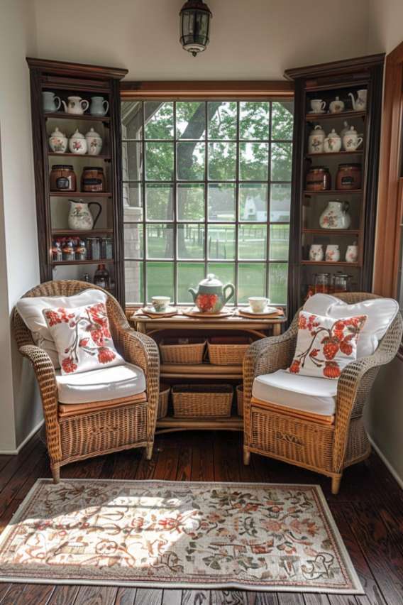 A cozy seating area with wicker chairs, floral cushions and a table set for tea. There are teapots and cups on the shelves. Large window overlooks a green yard. An ornate rug covers the wooden floor.