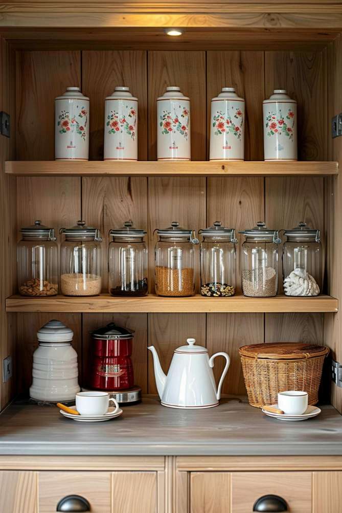 A wooden cabinet with two shelves with various canisters, jars filled with food, a coffee maker, a white teapot, two white cups on saucers and a wicker basket on the counter.