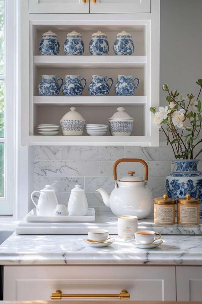 A kitchen scene featuring a marble countertop with a white teapot, cups and glasses. There are blue and white porcelain on the shelves above. In the background a vase with flowers and a window.