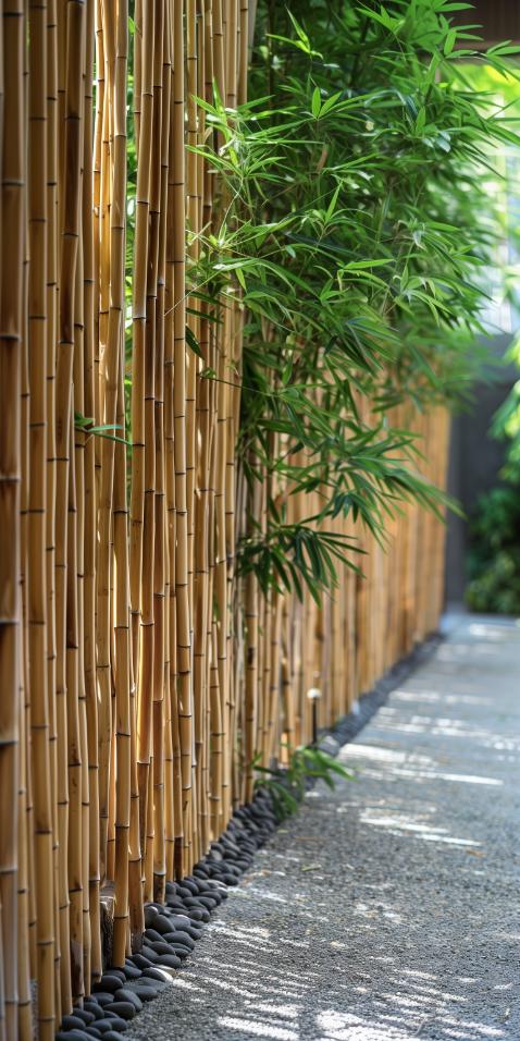 Slender bamboo stalks stand side by side to form a bamboo privacy fence, providing a flexible and environmentally friendly privacy solution. They sway gently and whisper secrets in the wind.