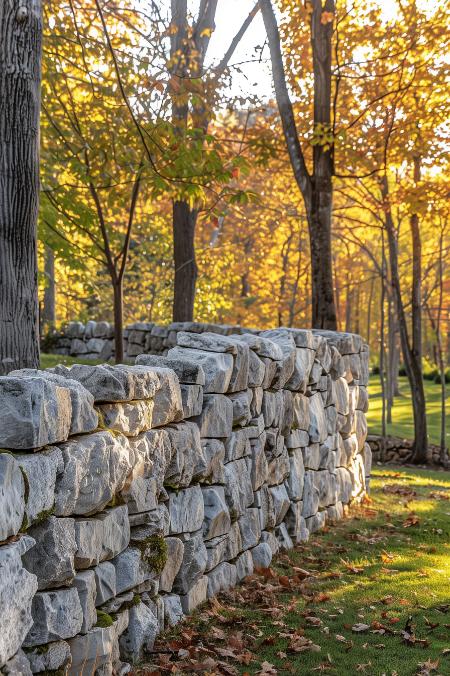 Uniform stone blocks are stacked to form a sturdy stone wall privacy fence, creating a durable and sturdy fence in your garden, promising lasting solitude and a touch of timelessness.