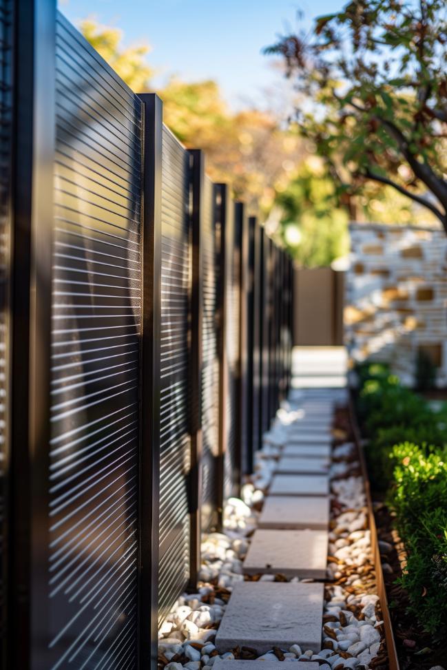 Metallic shine meets minimalist design with a modern metal privacy fence, adding a contemporary touch to the seclusion.