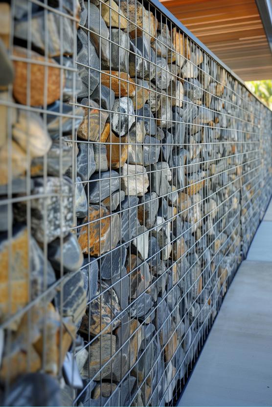 A unique gabion wall made of cage-shaped stones offers privacy with an industrial-chic feel, a testament to strength and style. It's a great choice for a home with a more industrial theme.