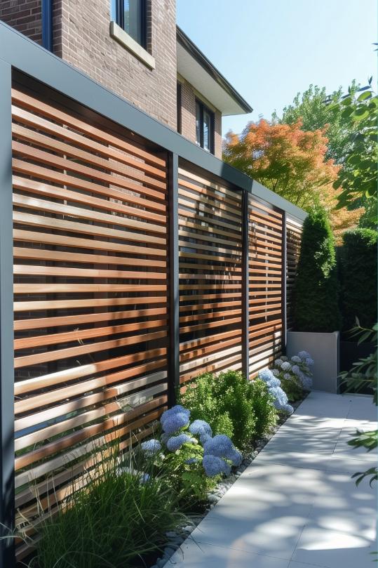 Horizontal wooden slats create a modern and bespoke private space and allow for a stylish garden retreat.