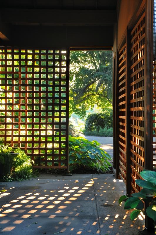 Crisscrossed grid panels allow room for light and intrigue while keeping prying eyes away. The geometric grid panels create a fun dance of shadows and sunlight.