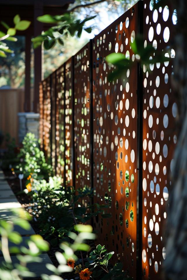 A simple privacy fence decorated with circular patterns becomes a playful privacy fence that combines unique art with function.