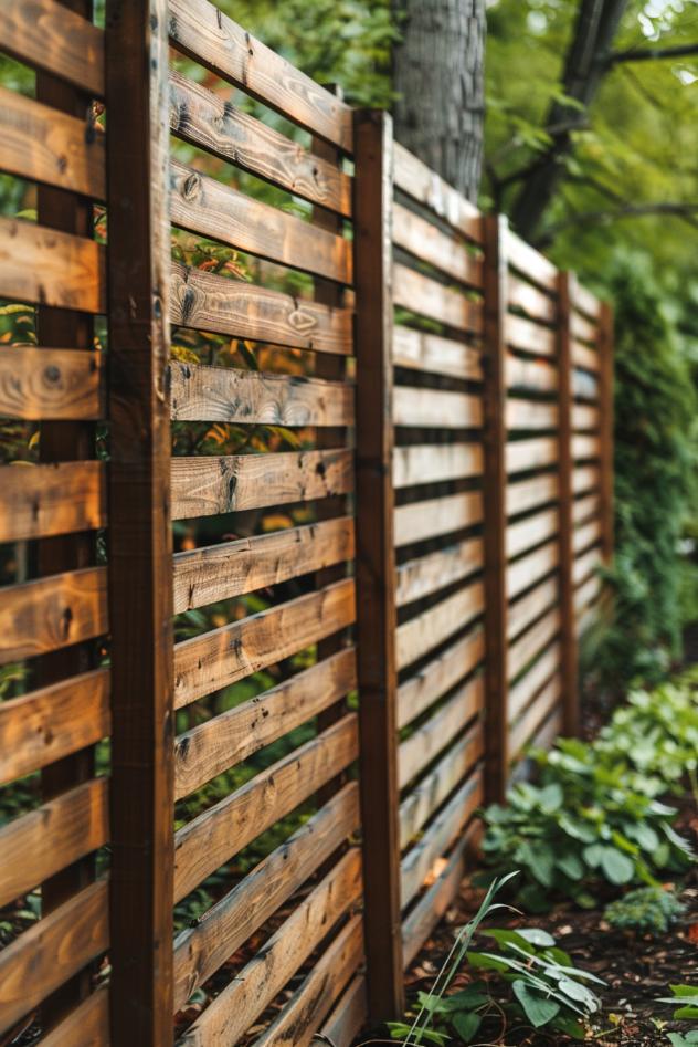 Weathered, recycled wood slats are repurposed into an eco-friendly privacy fence that exudes rustic charm and eco-conscious beauty.