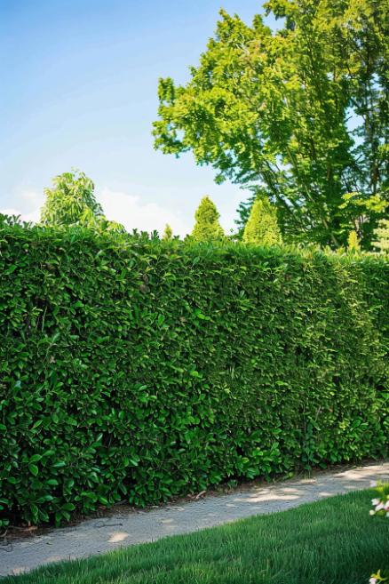 A carefully maintained and maintained hedge serves as a living privacy screen, its <a href=