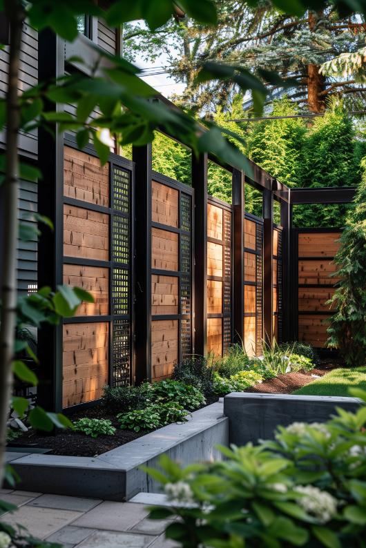 Choose wood and metal for your privacy fence to combine natural and industrial styles and give your backyard retreat a sturdy and edgy look.