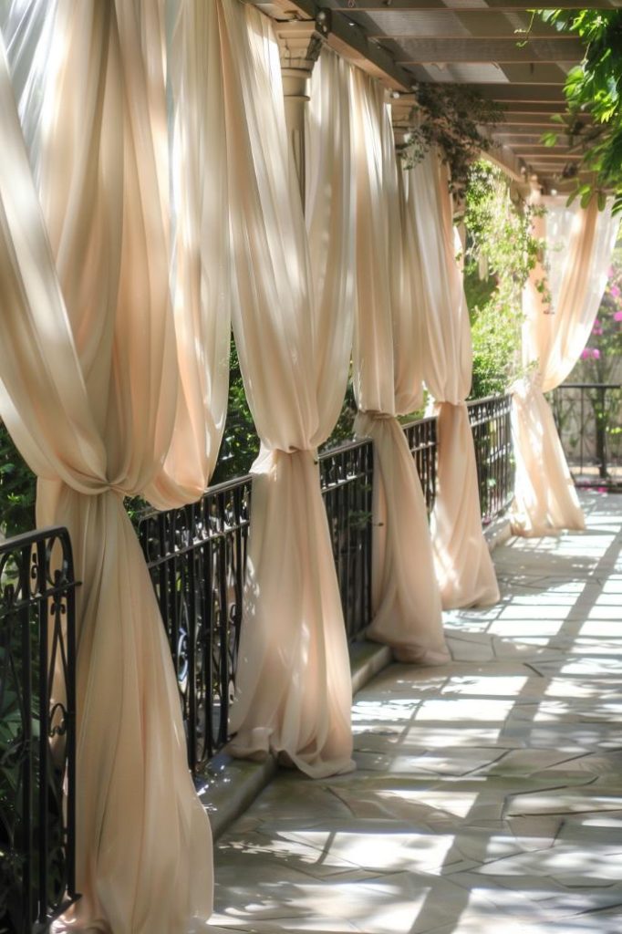 Puffy curtains attach to a fence structure, creating a perfectly draped fabric privacy fence that adds a whimsical and soft touch to the perimeter. You can also change the color and texture of the fabric depending on the decoration of your home or the season.