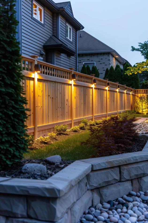 Add solar-powered lights to your privacy fence to make it glow golden every evening. It's an excellent way to combine sustainability with mysticism.