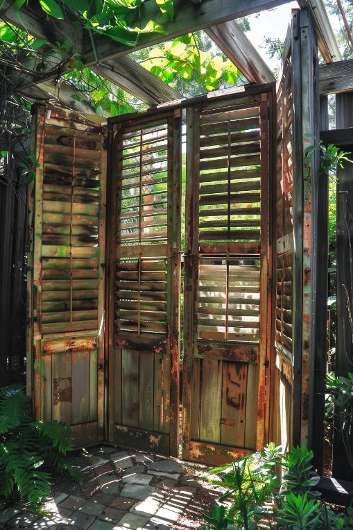 Old shutters are wonderfully converted into a privacy fence and give the garden charm and a <a href=