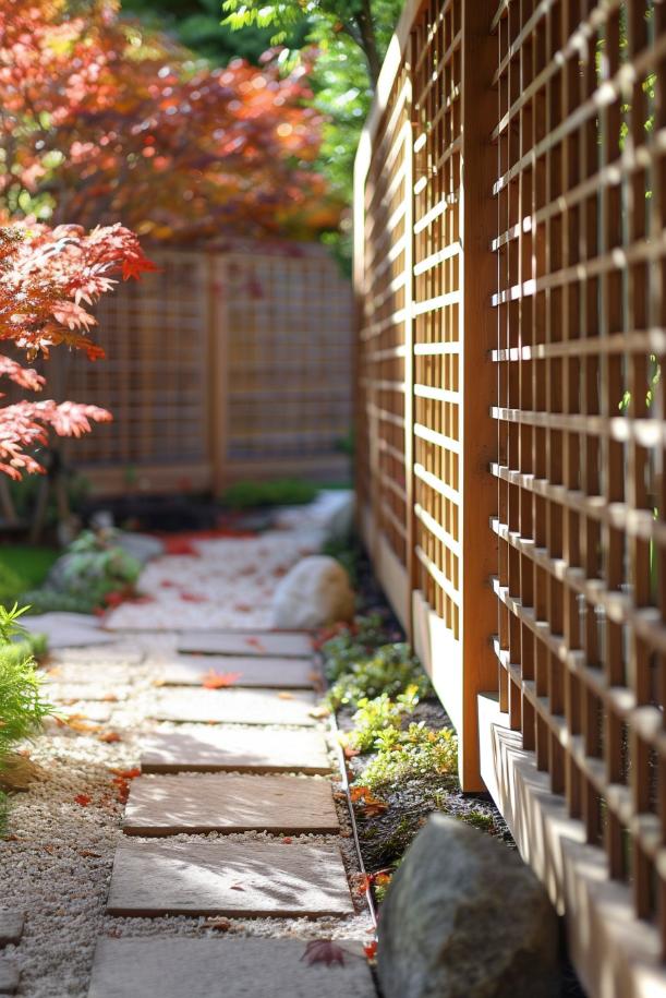 A delicate and beautiful Japanese shoji-style privacy fence combines simplicity with elegance and creates a tranquil Asian atmosphere.