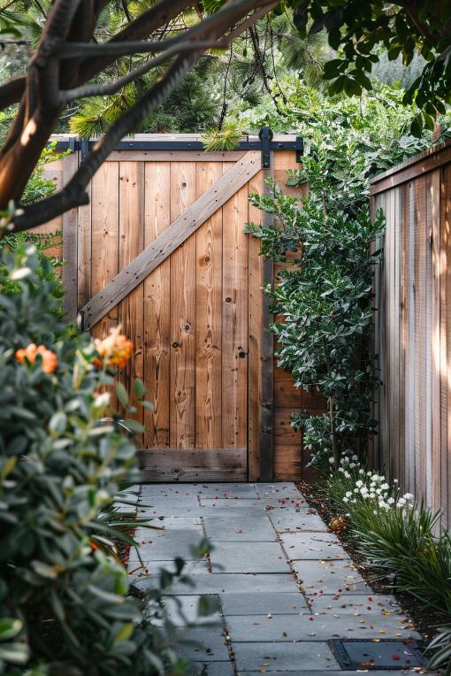 A sliding barn door doesn't just look good on the inside. It also integrates beautifully into a privacy fence, providing a rural and nostalgic entry point.