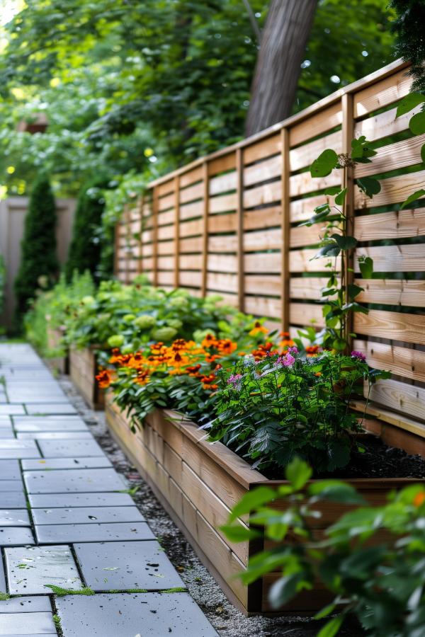 Planters merge with a privacy fence, blooming with color and life, highlighting the wooden partition with beautiful greenery and blooms, and blending into the lush greenery of the garden.