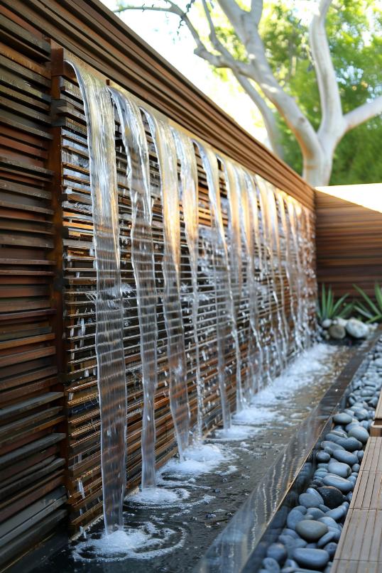 This fence has water running down the side, combining privacy with the soothing sound of cascading water.