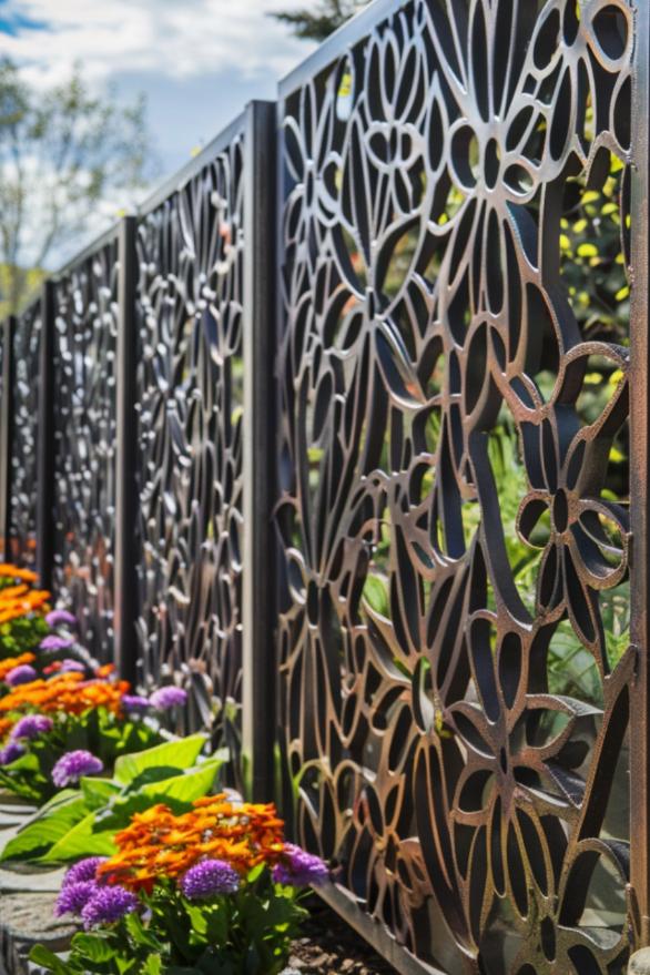 Metal is formed into an artistic privacy fence, transforming a barrier into an impressive work of art that helps you maintain your privacy in a stunning way.