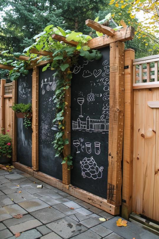 A chalkboard privacy fence invites creativity, transforming an everyday barrier into a medium for artistic doodles that personalize your space.