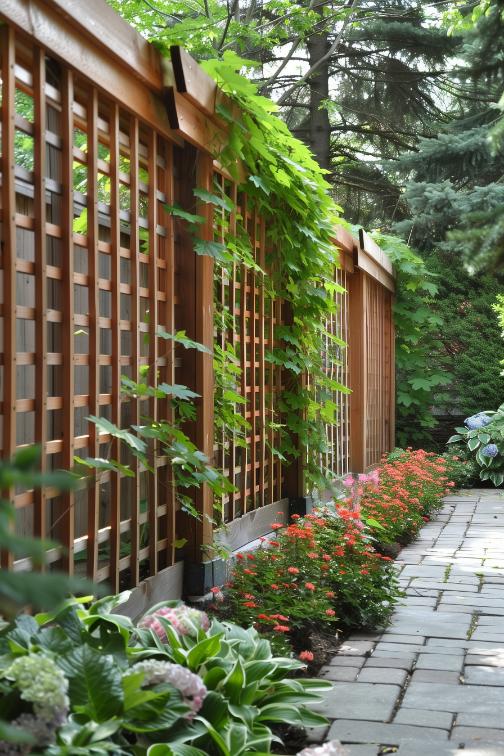 This trellis privacy fence is a unique structure in the garden and the <a href=