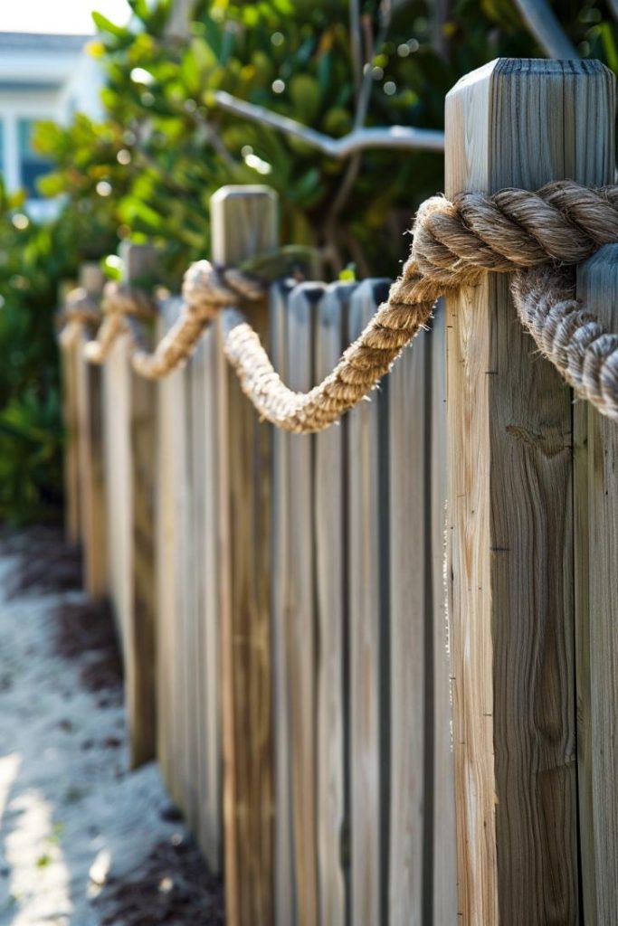 If you love a nautical theme, expand the look of your privacy fence with nautical ropes that evoke seaside feelings and evoke the allure of the ocean.