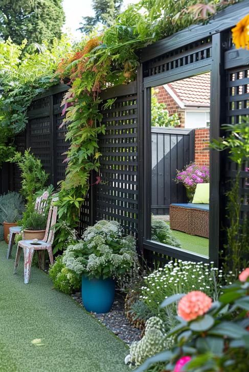 A mirror built into a privacy fence enhances light and space, creating the illusion of an expanded garden.