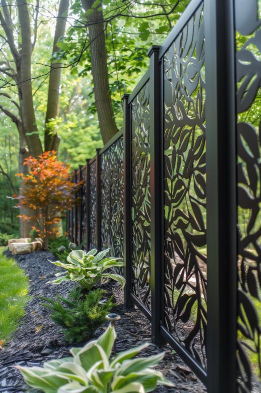 Decorative cutouts in a privacy fence create a balance between privacy and playful insights into the inside and outside world. It's a good choice if you don't mind sacrificing a little privacy for some artistic flair.