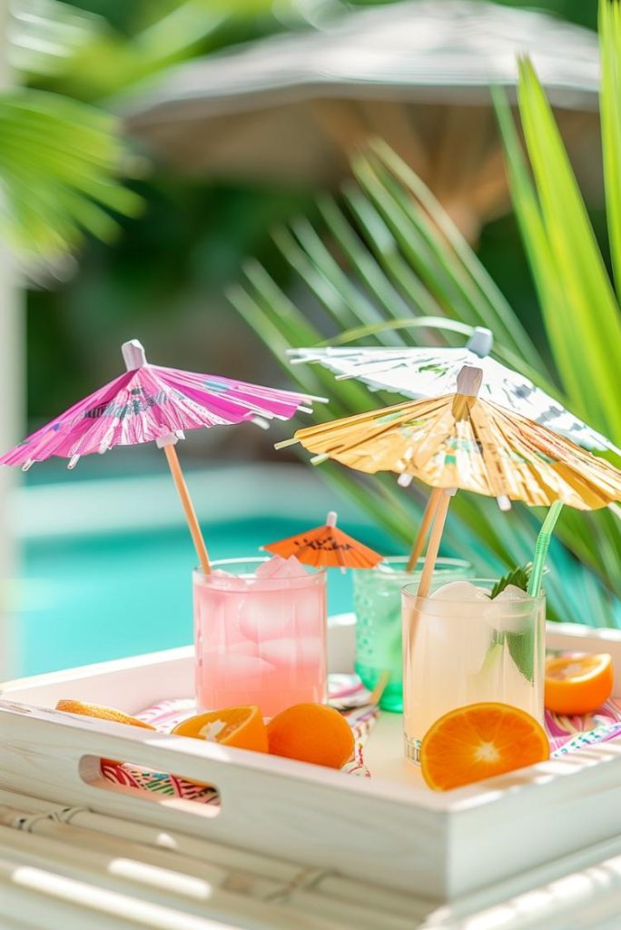 Capture the essence of summer on your patio table with a vibrant white wooden bowl of delicious tropical drinks with small umbrellas inviting relaxation and conversation.