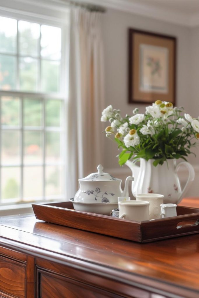 A wooden table in the dining room becomes a charming display with a dark wood bowl holding an antique tea set and a pitcher of fresh blooms that tell a story of past gatherings.