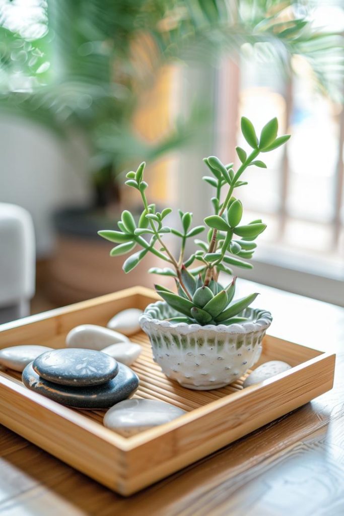 The living room tablescape is a tranquil retreat featuring a bamboo bowl with smooth, decorative stones and a single succulent companion.