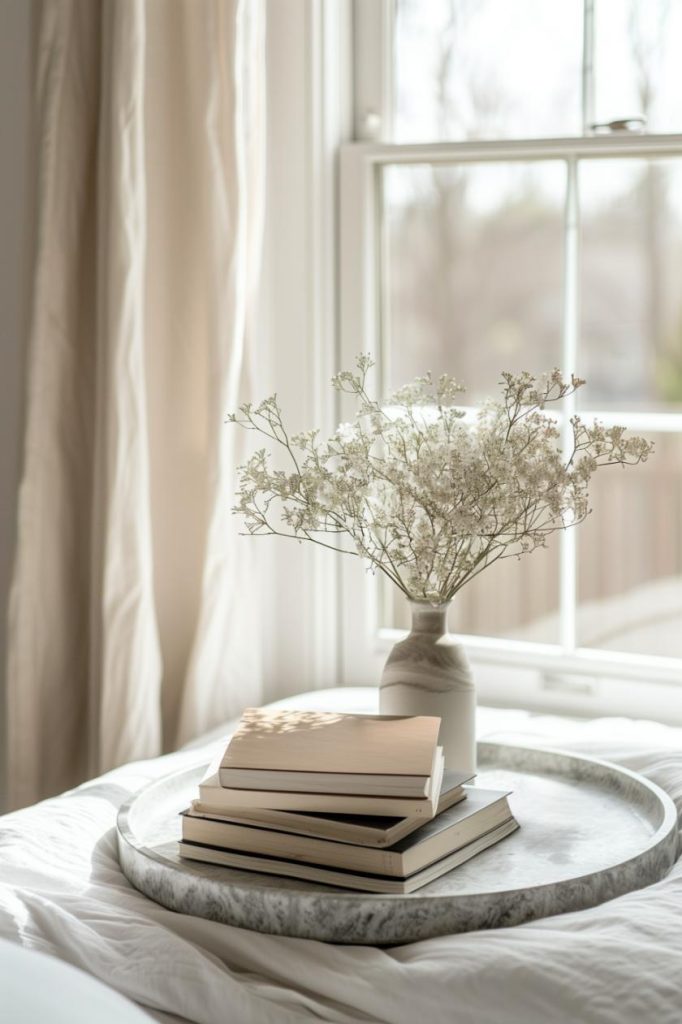 An airy bedroom features a marble bowl with a thoughtfully stacked selection of bedside books, an invitation to unwind with a good read at the end of a long day.