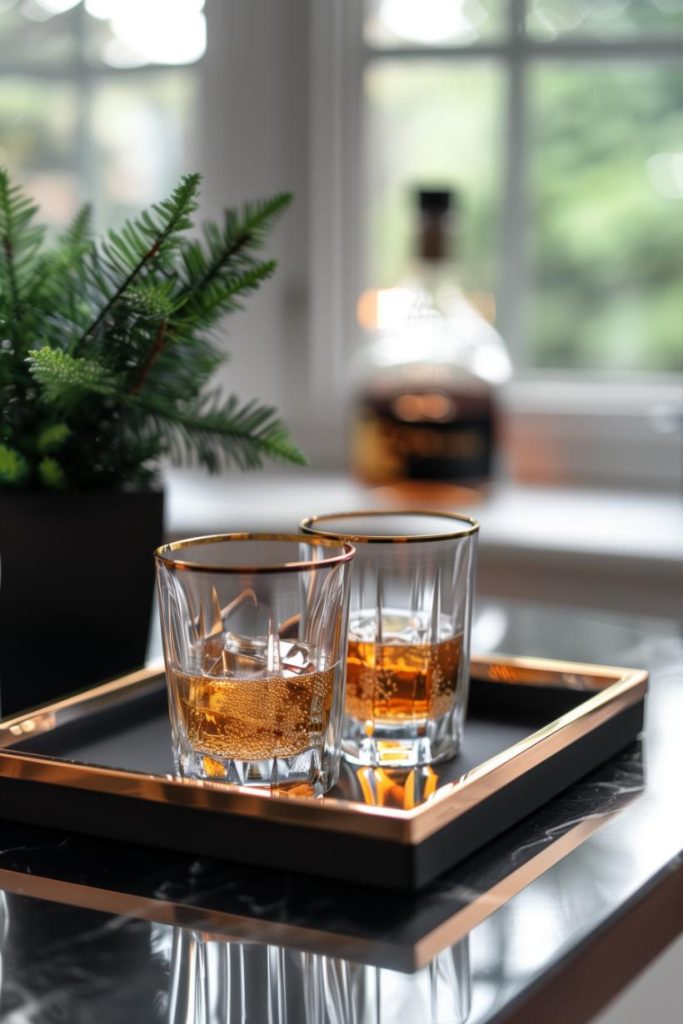 This black tray with gold lining in the home bar makes an eye-catching centerpiece with matching gold-lined glasses ready to host an evening's libations.