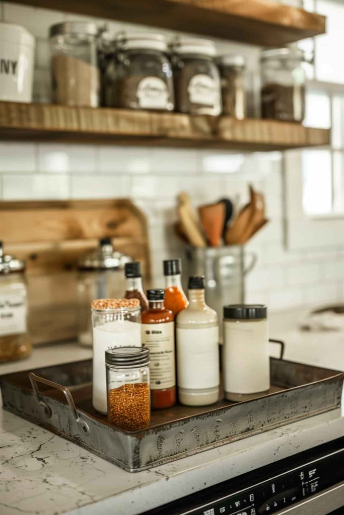 Rustic and sturdy, a distressed metal bowl gathers a family of spices and flavor enhancers and unites them as functional decor in a cozy farmhouse kitchen.