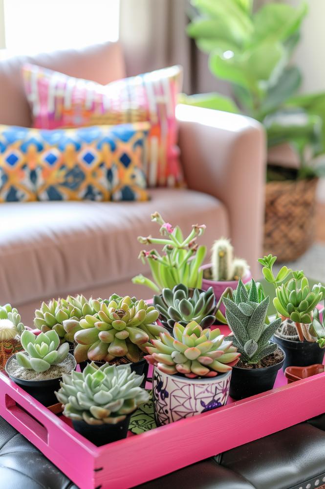 The living room pops with color as a hot pink tray with a collection of hardy succulents takes center stage on the coffee table.