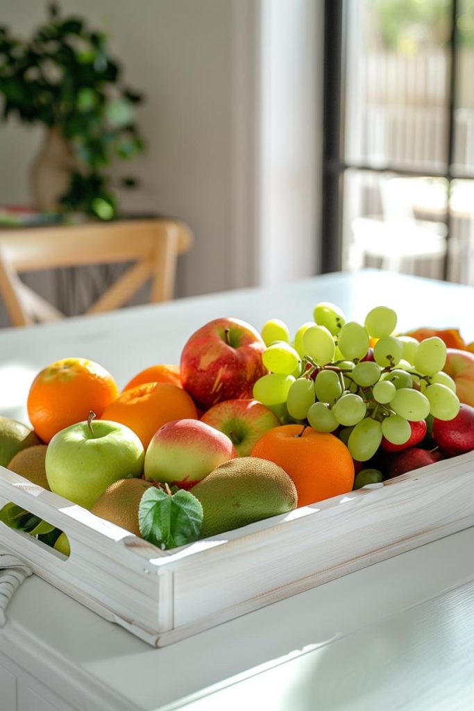 Add a dose of freshness to your kitchen table with a white wooden bowl of fruit. It is a pretty and vibrant decoration and a colorful nod to <a href=