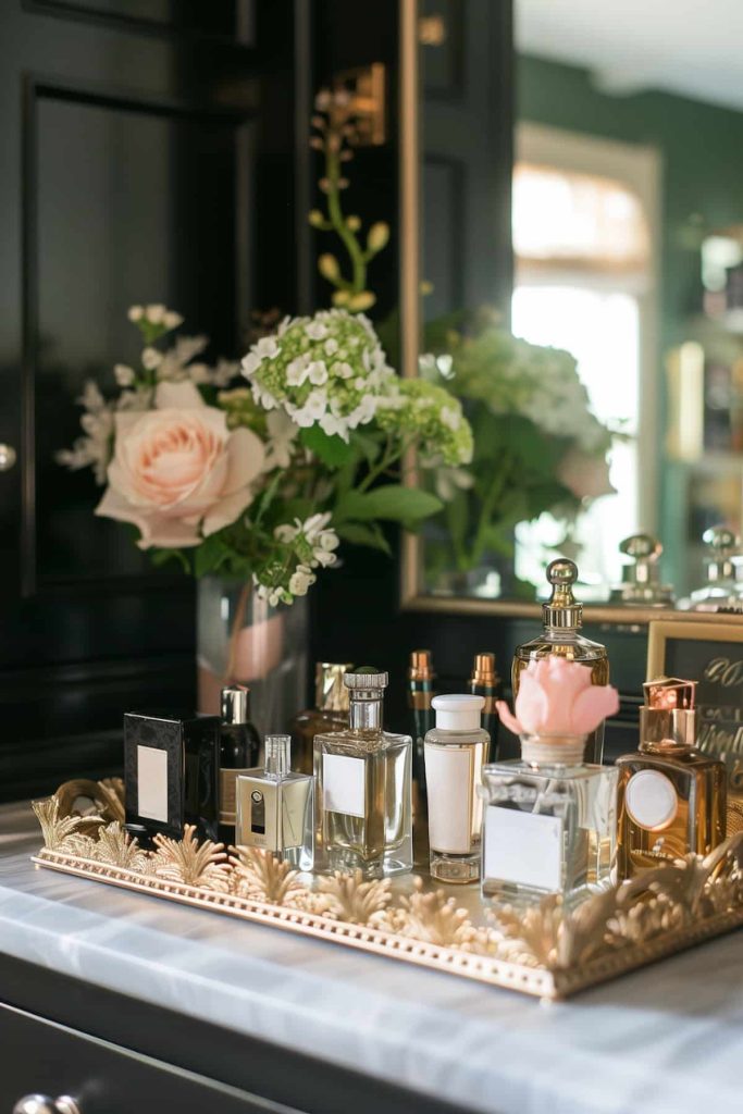 A vanity oozes sophistication, topped with a gold gilded tray in which perfume bottles sit like treasured totems of personal style. Not only does it look pretty, but it also makes choosing your daily scent fun and easy.