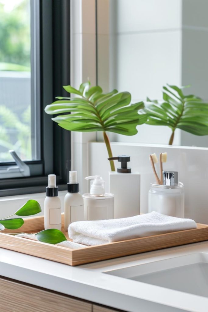 The bathroom counter stays clutter-free with a small tray that neatly corrals the essential practical and chic essential toiletries.