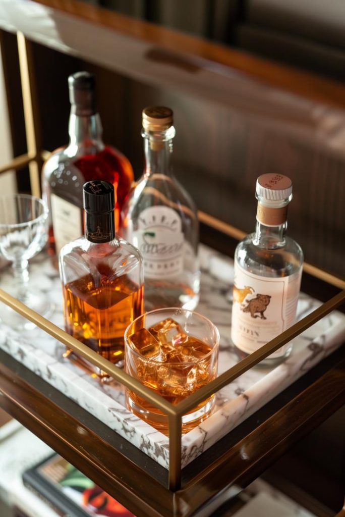 The mobile bar cart boasts a marble bowl laden with spirits, with each bottle a promise of joy and togetherness in the gatherings to come. The tray provides a great way to separate the alcohol from the other bar cart items.