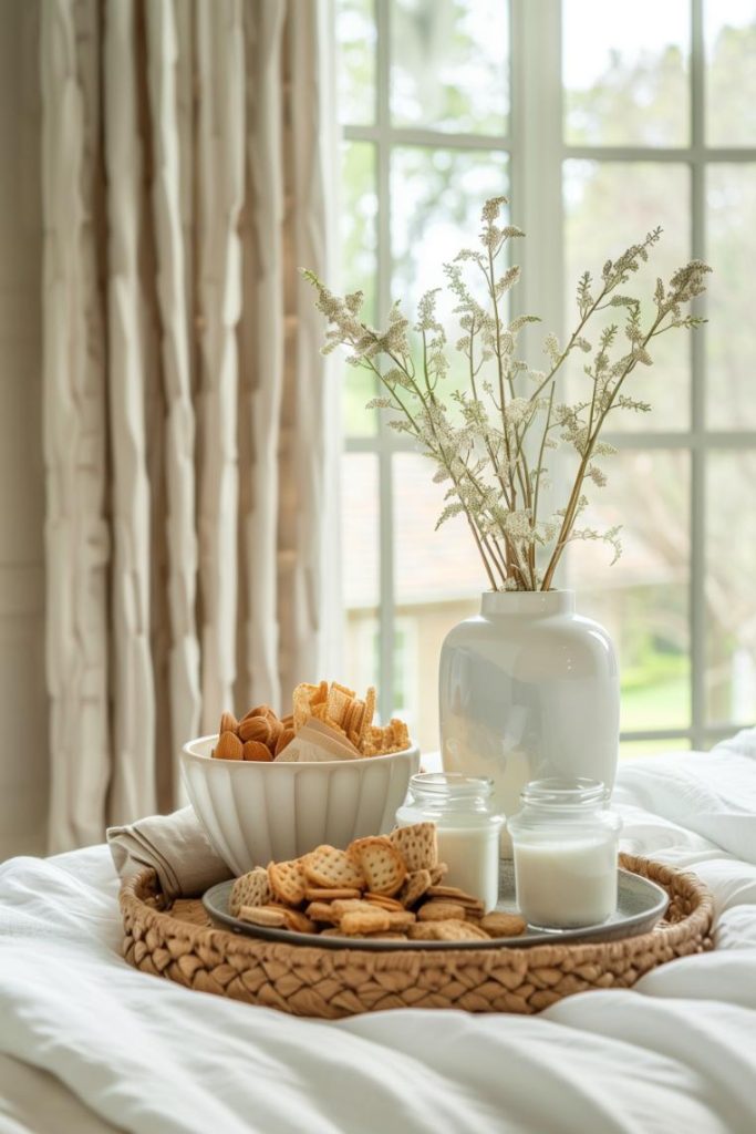 A simple tray on the bedside table in the guest room offers an inviting selection of snacks, a pretty and thoughtful detail whispering hospitality. Make it even more fun by choosing local snacks that your out-of-town guests can enjoy.