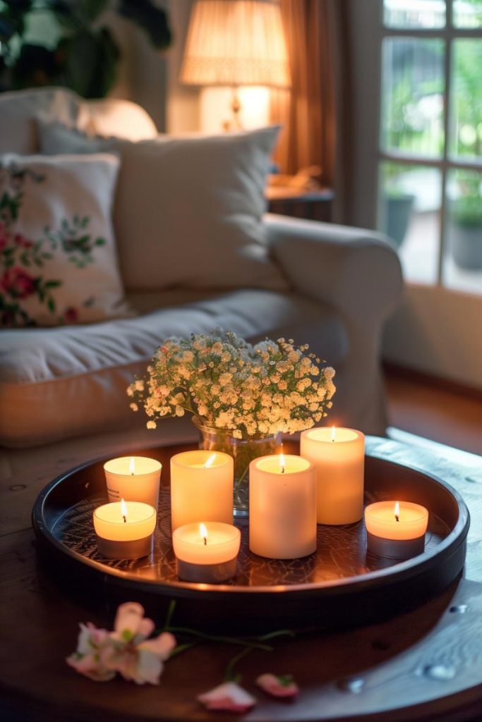 A dark-colored tray adorned with lit candles at varying heights transforms a living room coffee table into an enchanting oasis, with the flickering light casting a tranquil spell over the room.