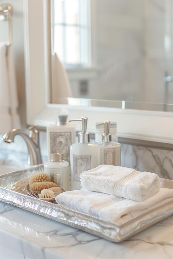 The guests are spoiled when they visit. A small silver bowl that holds a curated selection of bathroom essentials in the guest bathroom with thoughtful and useful.