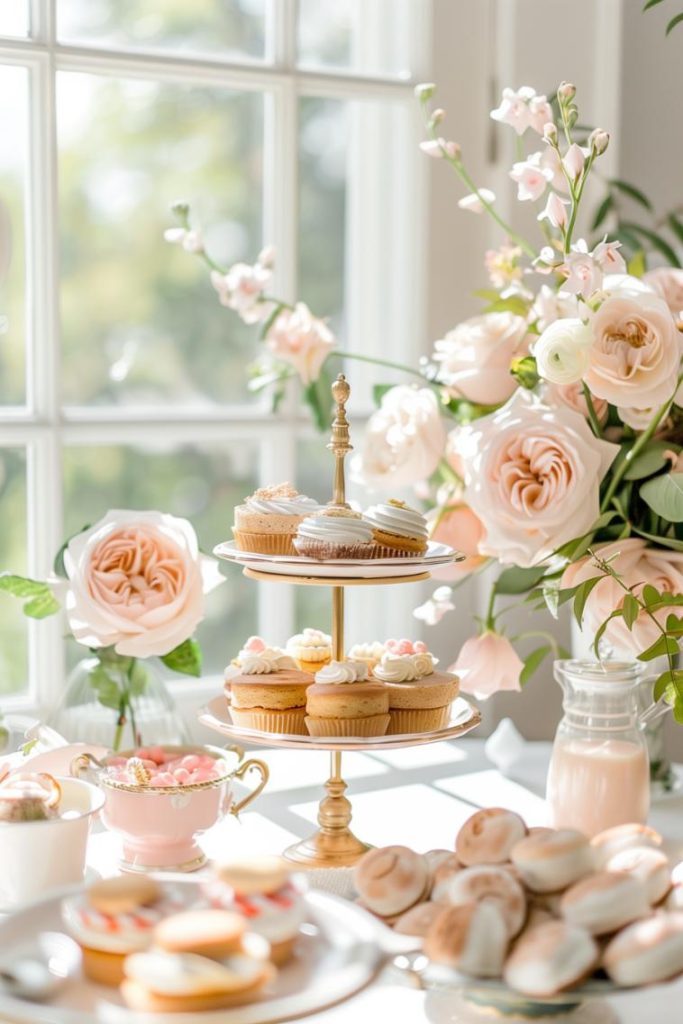 Afternoon tea exudes elegance with an opulent tray with a mini cake stand filled with sweet treats, perfect for afternoon tea parties.