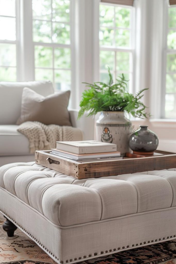 A low tufteschuk takes on the new life in the living room with a wooden bowl with coffee table books where moments of leisure and reading are encouraged.