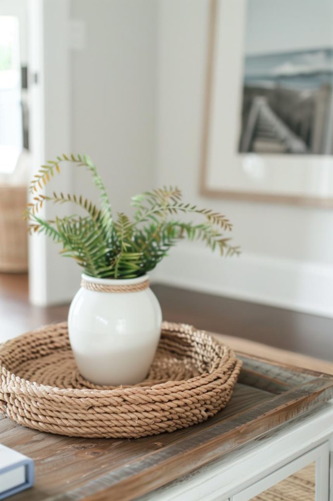 A nod to nautical themes and coastal aesthetics, a woven rope shell in the entryway houses an anchor photo frame, anchoring memories in a sea of ​​daily routines.