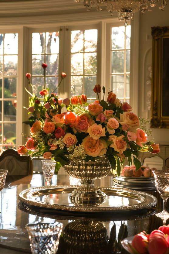 Elegance unfolds in the dining room, an ornate round silver bowl with an arrangement of flowers that serves as a stunning centerpiece for both the table and the room.