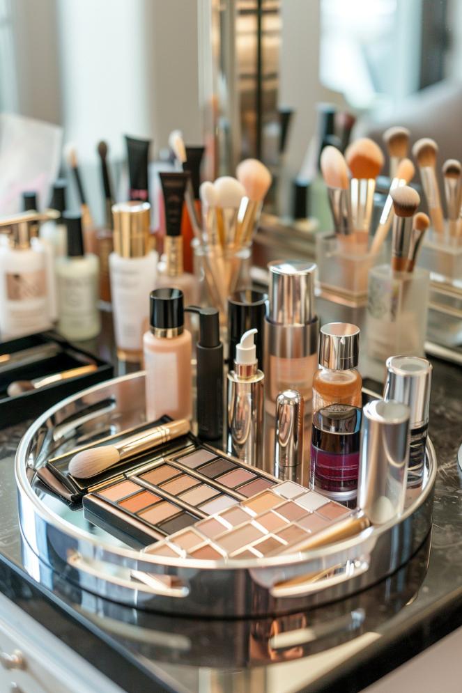 The makeup table is beautifully organized with a round silver tray that displays an arsenal of makeup used daily, making each item easy to find when repairing your face.